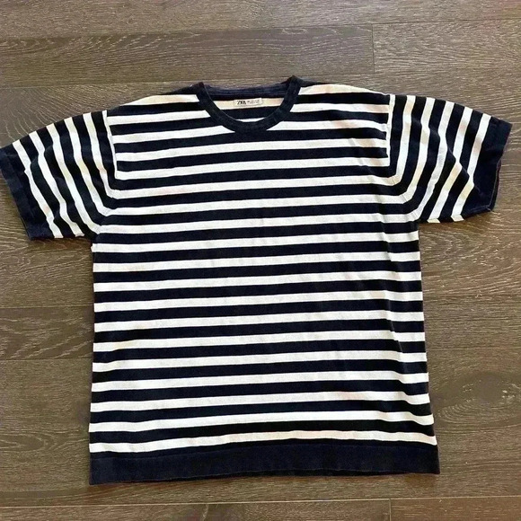 Zara Navy White Striped Knit Thick Tee Top Oversized Crewneck Short Sleeve Large - Picture 1 of 6